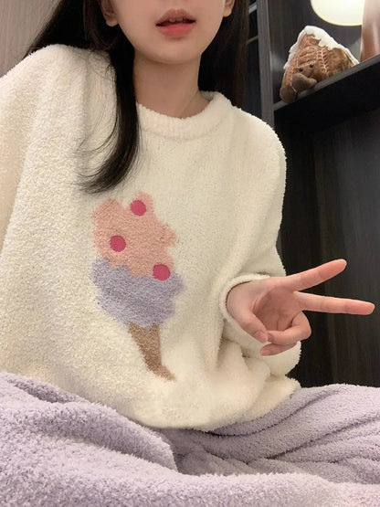 Kawaii Hello Kitty Pajamas Girl Sanrio Long-Sleeved Loungewear Sweet Young Student Girl  Warm Home Clothes Sleepwear Set