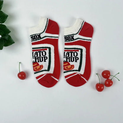1 Pair Unisex Funny AB Style Tomato Ketchup French Fry Printed Mid-Calf Socks Suit In All Seasons.