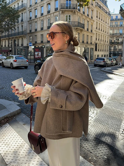 Women Fashion Brown Scarf Coat Jacket Loose Long Sleeve Single Breasted Pocket Jacket Fall/Winter Casual Wool Blend Jacket