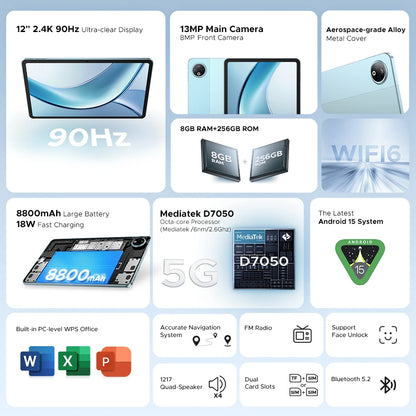 DOOGEE V Pad 2 In 1 5G Tablet 12" Screen Dimensity 7050 Android 15 32GB RAM (8+24) 256GB ROM8800mAh Battery Ultra-thin Smart Pad.