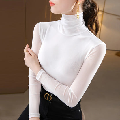 Women Mesh T Shirt Solid Green Blue White Black Wine Ladies T-Shirt With Long Sleeve Shirt Slim Stretch Bottoming Top Size S-4XL.