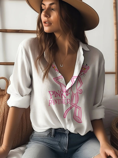 Women's Long Sleeve Shirt Cute Pink Leopard Cartoon Print Casual Button Lapel Casual Tops.