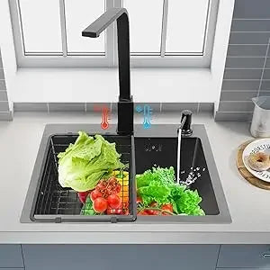 Edelstahlspüle 40 x 45 cm, schwarze Küchenspüle mit Spültischarmatur, 1 x 45 cm, Unterschrankspüle W | Abtropfbrett und Sieb