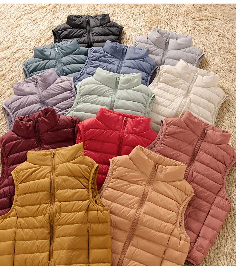 12 Farben 90% weiße Enten Daunen Frauen ärmellose Jacken 2023 Neuankömmlinge weibliche ultraleichte packbare Weste Frauen Mäntel.