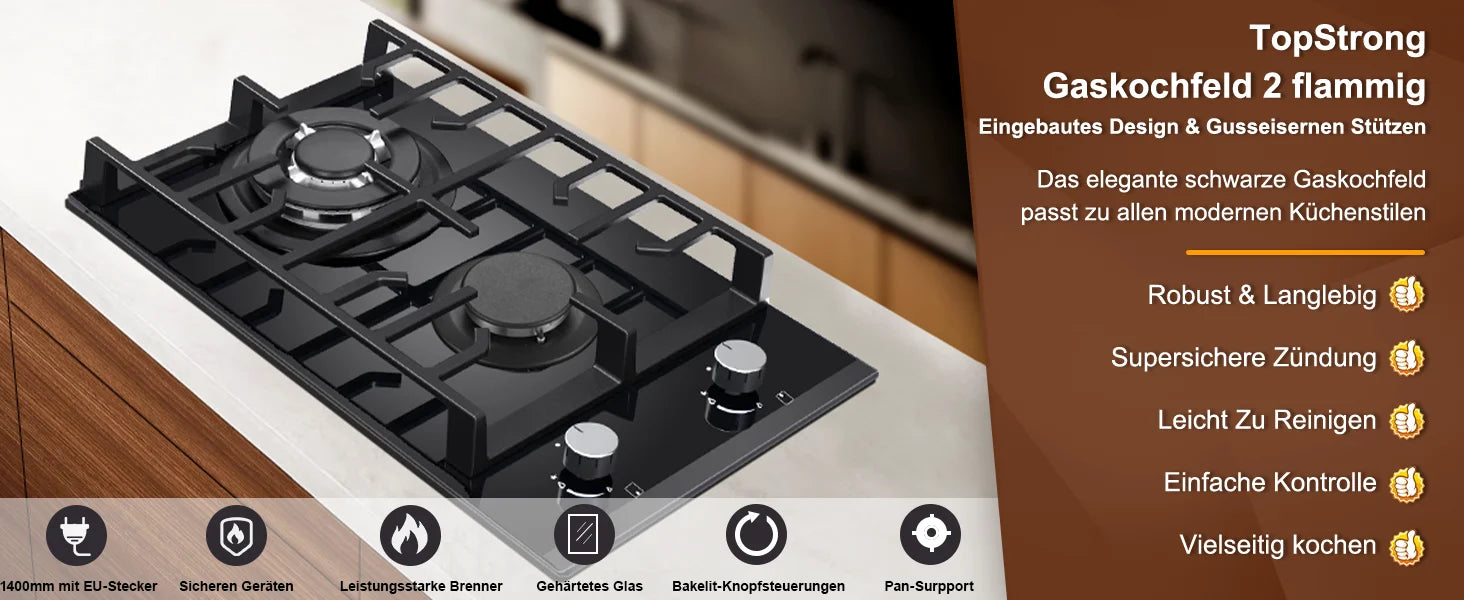 EU Certified 2 Burner Gas Hob 30cm Tempered Glass | Built-in w/Cast Iron Rack Dual Fuel (NG/LPG) 5200W Flame Failure Black.