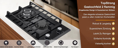 EU Certified 2 Burner Gas Hob 30cm Tempered Glass | Built-in w/Cast Iron Rack Dual Fuel (NG/LPG) 5200W Flame Failure Black.