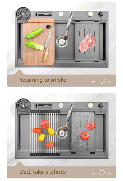 Wasserfall-Küchenspüle aus Edelstahl, extra groß, mit einem Schlitz, multifunktionale Geschirrspülbecken, Unterbaubecken, Tassenwascher