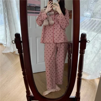 M-XXL Large Size Nightwear Women Sleepwear Autumn and Winter Cardigan Home Wear Peach Heart Long Sleeves School Silk Pajamas.