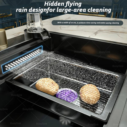 Stainless Steel Kitchen Sink Waterfall Outlet Faucet Multifunctional Large Single Slot Convenient Dishwashing and Vegetable Sink