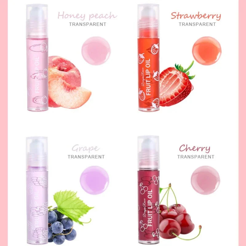 Set of Four Rolling Head Lip Oils Moisturizing Hydrating Roller Ball Lip Care Anti-Drying Transparent Lip Blam for Lip Health.