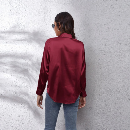 Autumn Women Solid Satin Shirt Long Sleeve Imitation Silk Loose Button Up Blouse Shirt Ladies Tops Fashion Clothing.