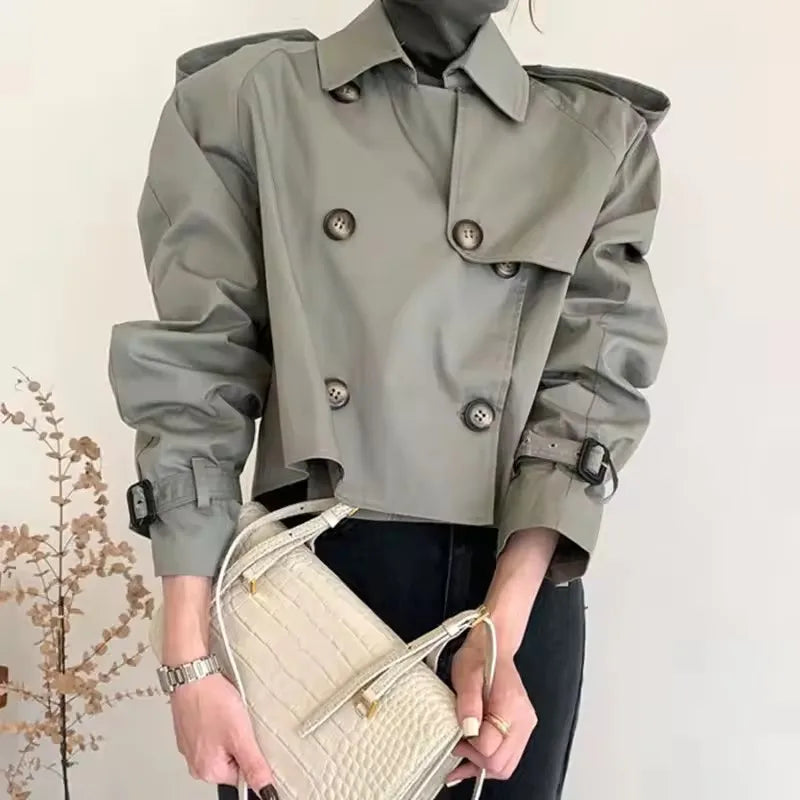 Vintage Zweireiher Graben Jacken Frauen Lose Chic Büro Dame Crop Tops Herbst Weibliche Mäntel Alle-spiel Lose Windjacke