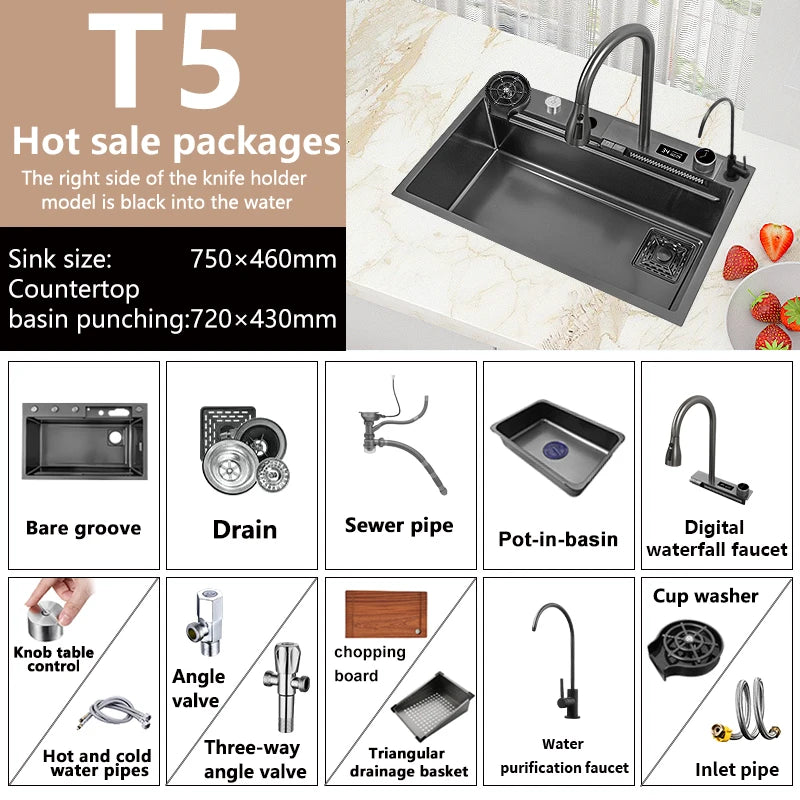 Edelstahl Küchen spüle Digital anzeige großes Single Slot hotel Multifunktion waschbecken mit Wasserfall Wasserhahn Wohnung