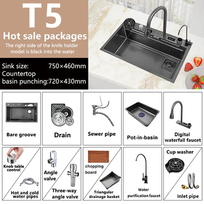 Edelstahl Küchen spüle Digital anzeige großes Single Slot hotel Multifunktion waschbecken mit Wasserfall Wasserhahn Wohnung