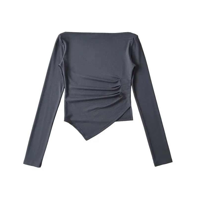 Slim Fit Long Sleeve T-Shirt Women's Shoulder Bared One-Shoulder Design Crease Asymmetrical Pure Desirable Spicy Girl Style