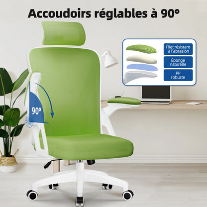 AUTHMIC Ergonomischer Bürostuhl (grün), verstellbare Kopfstütze, Lordosenstütze, drehbarer Schreibtischstuhl mit klappbaren Armlehnen