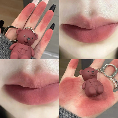 Cute Bear Keychain Matte Velvet Lip Gloss Mirror Brown Lipstick Waterproof Long Lasting Non-Stick Cup Lip Mud Korean Cosmetic.