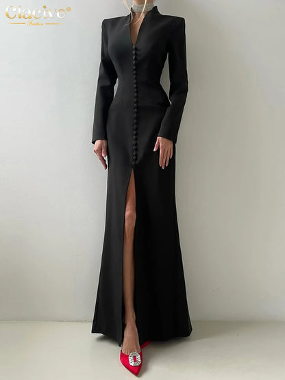 Clacive Sexy schlankes weißes Damenkleid 2025, modisches V-Ausschnitt, lange Ärmel, knöchellanges Kleid, elegantes, klassisches, geschlitztes Damenkleid