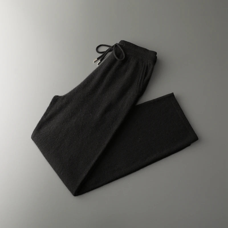 Classic Versatile 100% Cashmere Pants Men High Waist Knitted Straight Pants Solid Color Loose Thin Wide Leg Pants.