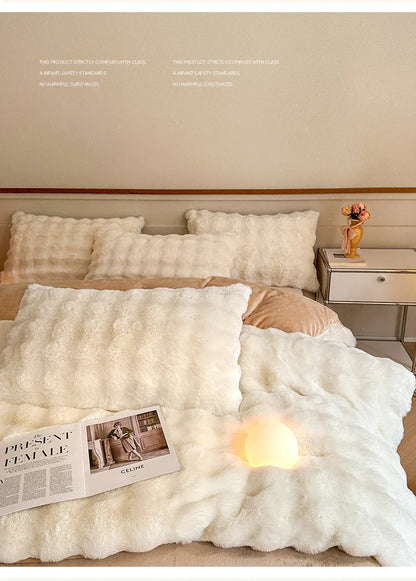 2024 new solid color colorful rabbit wool four-piece set, one side of rabbit fur and one side of milk wool thickened warm.