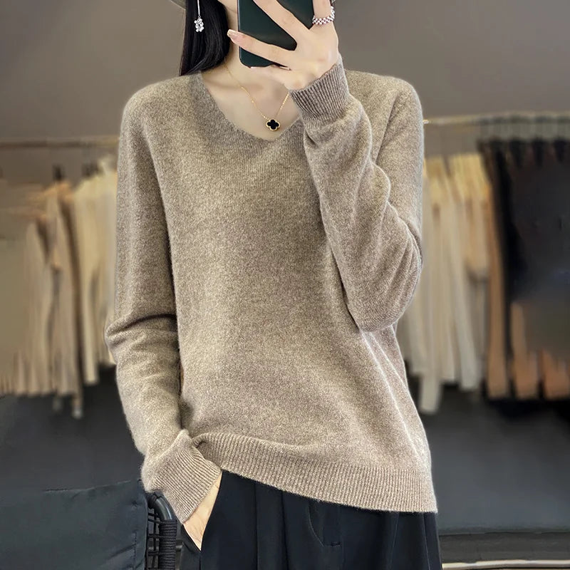 Women 100% Merino Wool Sweater V-Neck Basic Pullover Autumn Winter Cashmere Clothing Long Sleeve Soft Knitwear Tops Solid Color