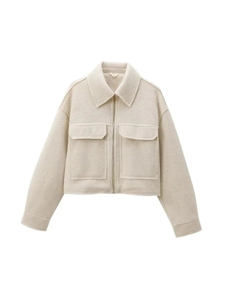 TRZA-Kurzjacke mit Taschen für Damen, Langarmmantel, Reißverschluss vorne, Damenoberbekleidung, schicke Oberteile, Mode.