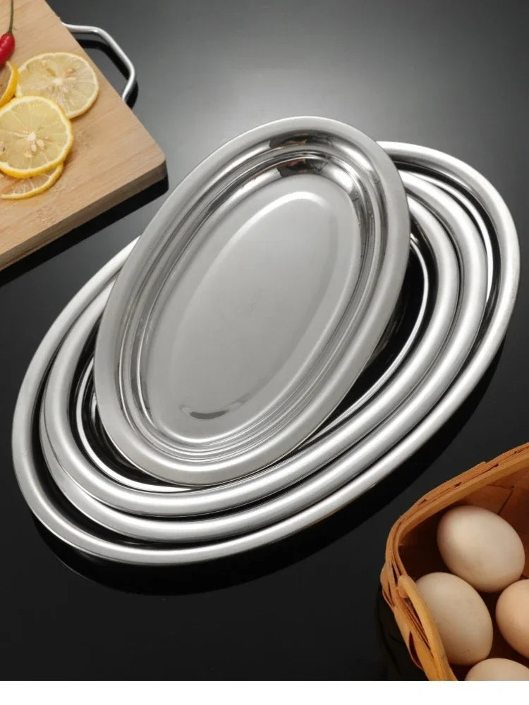 1Pcs 304 Stainless Steel Plate Oval Fish Dish Dinner Dessert Food Sushi Snack Steaming Fruit Dish Household Restaurant Tableware.