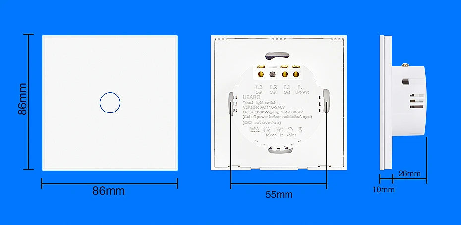 Ubaro eu/uk standard kristall gehärtetes glas wand paneel licht berührungs schalter led anzeige sensor elektrische taste 1/2/3gang 220v.
