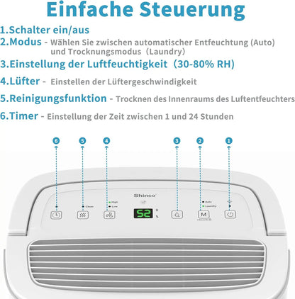 SHINCO 30L Electric Dehumidifier for 105 m³ (35 m²), WiFi, Energy Saving, Automatic Restart, Laundry Drying, 24H Timer.