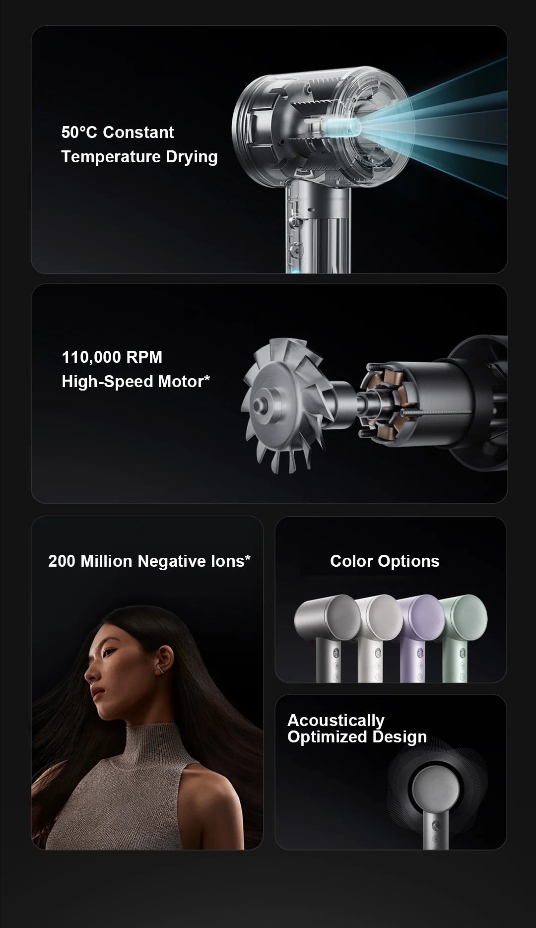 XIAOMI MIJIA High‑Speed Hair Dryer Pro,110k RPM,70 m/s Air,8 Airflow Modes,50 °C Constant Temp,200M Ions,CN Version With Ada.