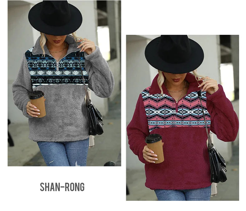 Fairyshely 2025 Winter Print Women Hoodies Casual Long Sleeve Hood Sweatshirt Loose Autumn Lady Stand Collar Plush Hoodie Tops.