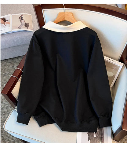 170kg plus size Damen büste Herbst lose Revers Langarm Sweatshirt schwarz rot 6xl 7xl 8xl 9xl 10xl 11xl