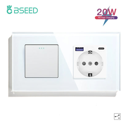 BSEED 1/2/3 Gang Wandschalter 2-Wege-Treppenlichtschalter Plus Typ-C USB-Buchse EU-Standard-Glasscheibe