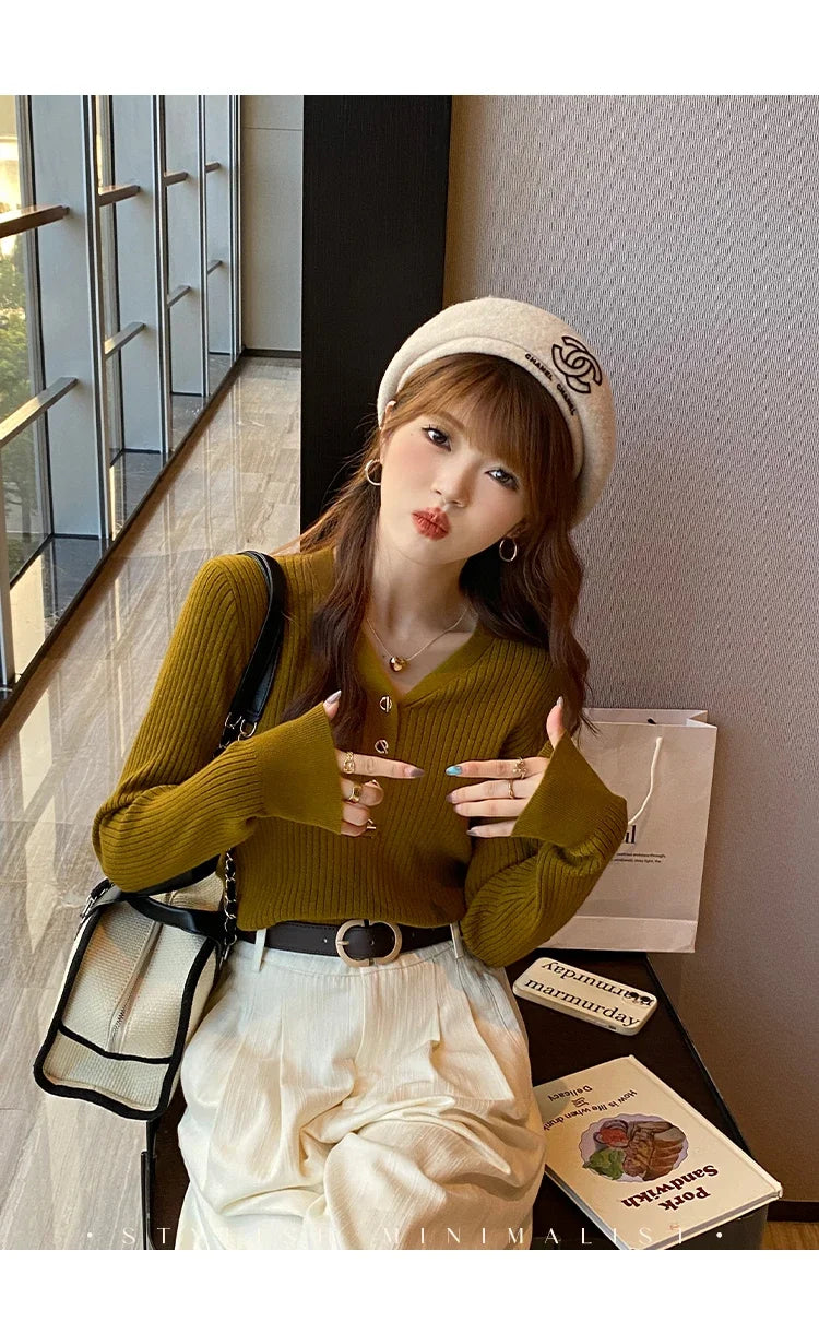 2023 herbst Winter Frauen Pullover Beiläufige Dünne Taste Gestrickte Pullover Pullover Femme Grundlegende Solide Jersey Tops Mode Kleidung