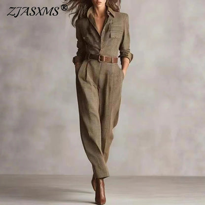 Elegant Button Lapel Shirt Jumpsuits Woman Vintage Plaid Print Pocket Slim Overalls Autumn Long Sleeve Female Clothing Bodysuits.