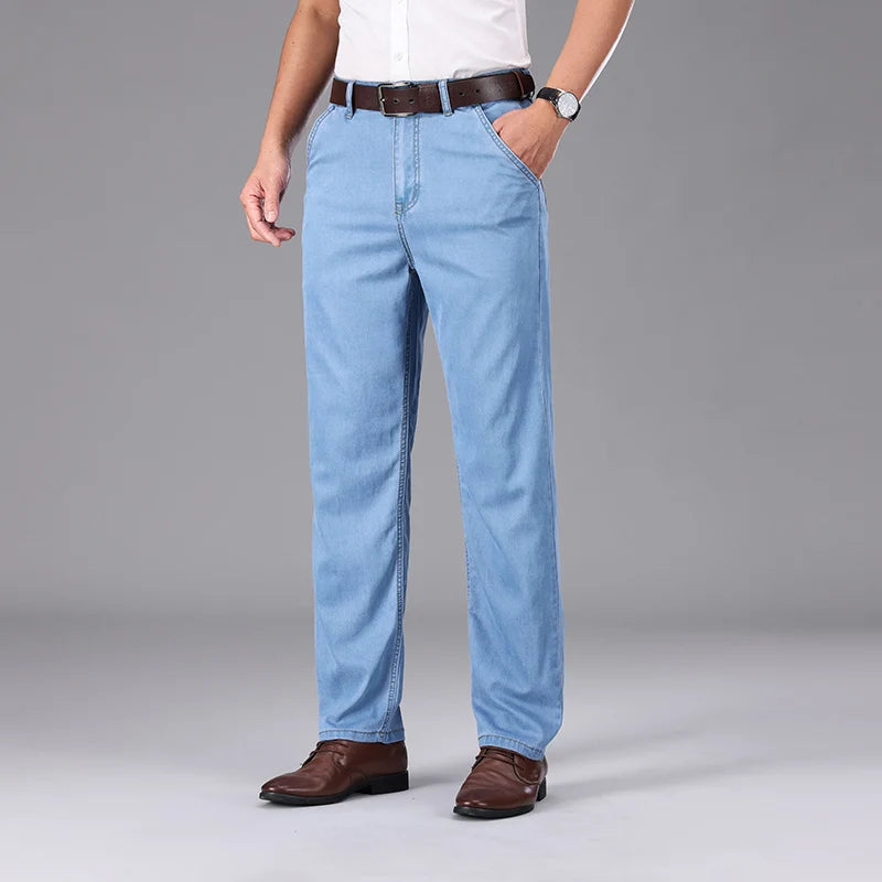 Business Lyocell Jeans Men Summer New Thin Fashion Straight Breathable Brand Pants Male Slim Comfortable  Denim Trousers.