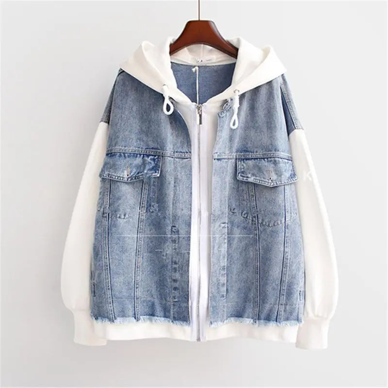 Fake Two-piece Denim Hoodies Coat Women Spring Autumn Trend Cardigan Hoodie Casual Loose Hooded Baseball Jacket Streetwear Woman.