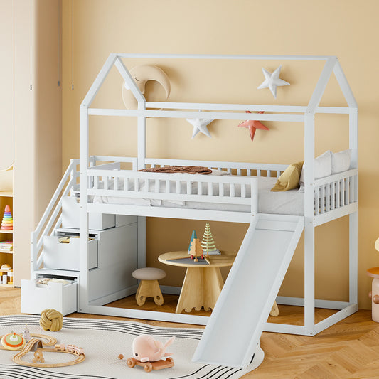 Etagenbett Stockbett 90x200cm mit Stauraumleiter, Hochbett mit Rausfallschutz,  Kinderbett  mit Lattenrost und Rutsche