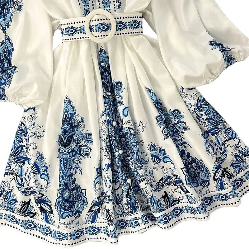 Frauen kleider Laternen ärmel Druck V-Ausschnitt Kleid Schärpen knielang gespleißt lose mittlere Taille Pullover leichte Stretch lässig.