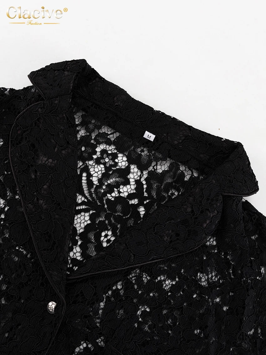 Clacive Sexy Loose Black Lace See Through Trousers Sets Women 2 Pieces Fashion Long Sleeve Shirt With High Waist Wide Pants Set.