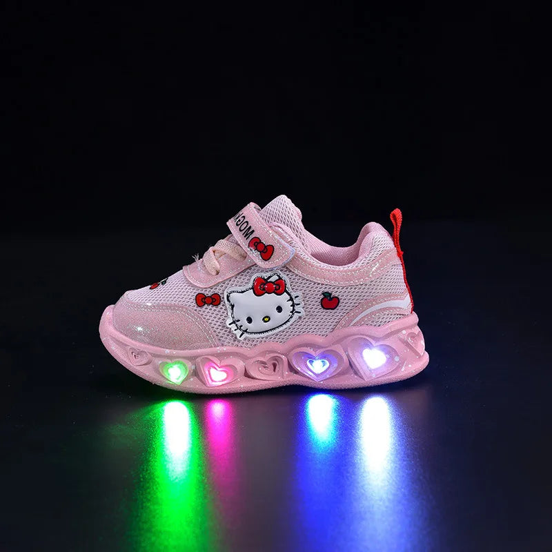 Kids'Casual Shoes Girls Led Light Cartoon PU Leather Fashion Sport Flat Bottom Shoes Breathable White Pink Size 21-30.