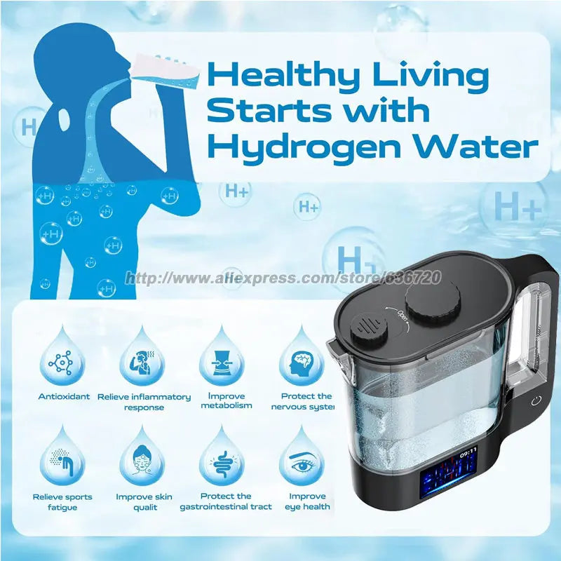 W102 Hydrogen Water Bottle Generator 64 Ounces Hydrogen Water Ionizer Pitcher Generator Machine with PEM Concentrator Technology.