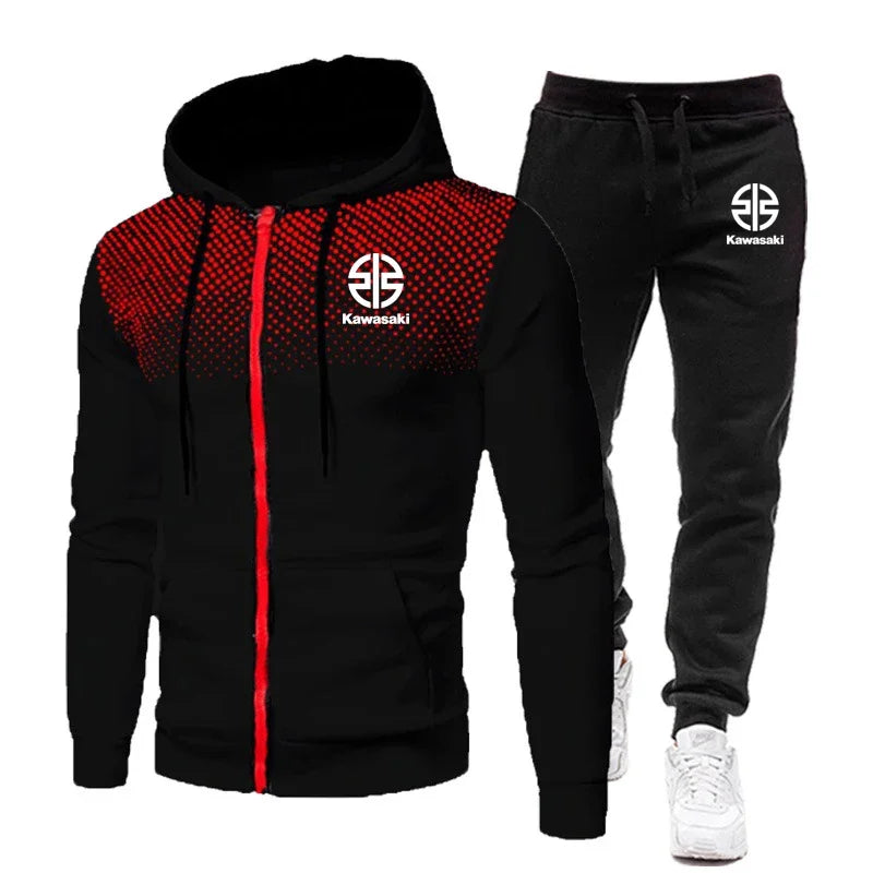 Kawasaki Logo Motorcycle Racing Men's Polka Dot Hoodie Set Fashion Men's Zipper Sports Set Sports Set.
