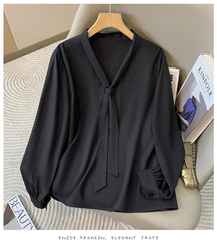 Loose Long Sleeve V-Neck Work Shirt for Women Plus Size Women's Blouses Fashion Versatile Autumn Bow Tops Trendy Business Shirts.