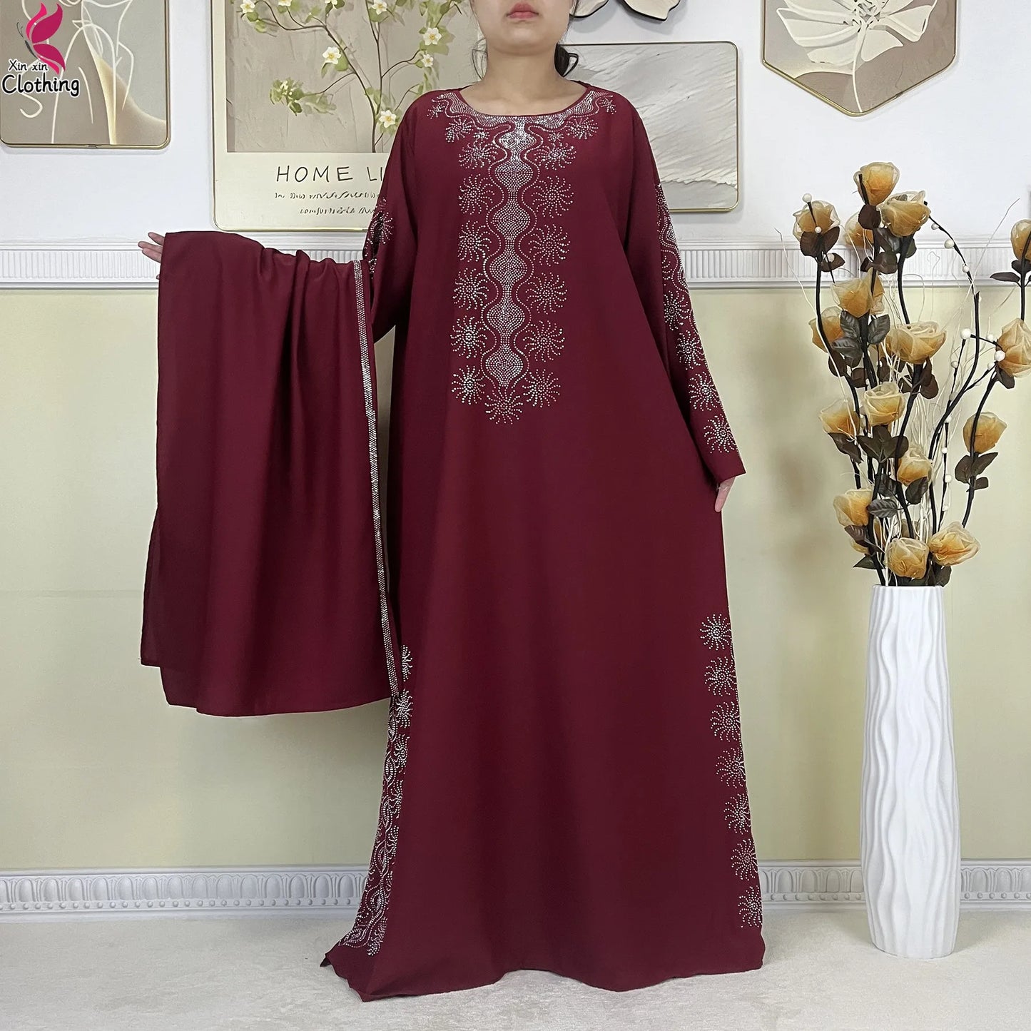 2025New High-Quality Dubai Muslim Abaya for Women Dress Islamic Turkey Femme Clothing Long Sleeve Loose African Dress With Scarf