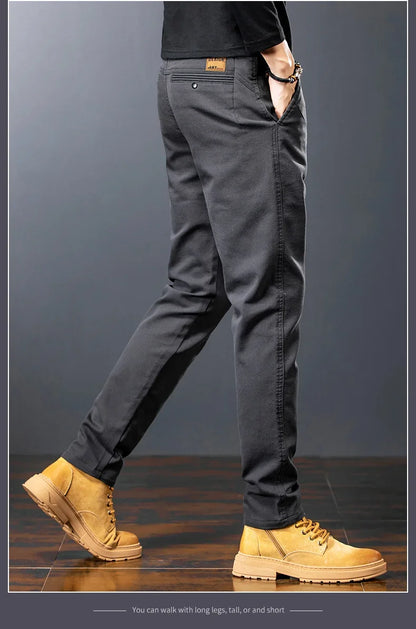 Men's Twill Slim Pants Business Straight Cotton Casual Trousers Brand Fashion Korean Elastic Coffee Black Gray Pant.