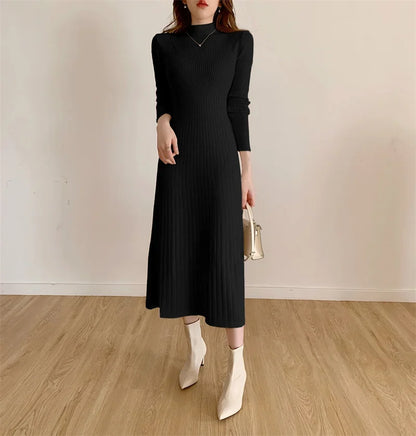 Herbst Winter schlankes Langarm Party Midi Kleid für Frauen gestrickt halbhohen Kragen elegante Strick pullover Kleider Damen