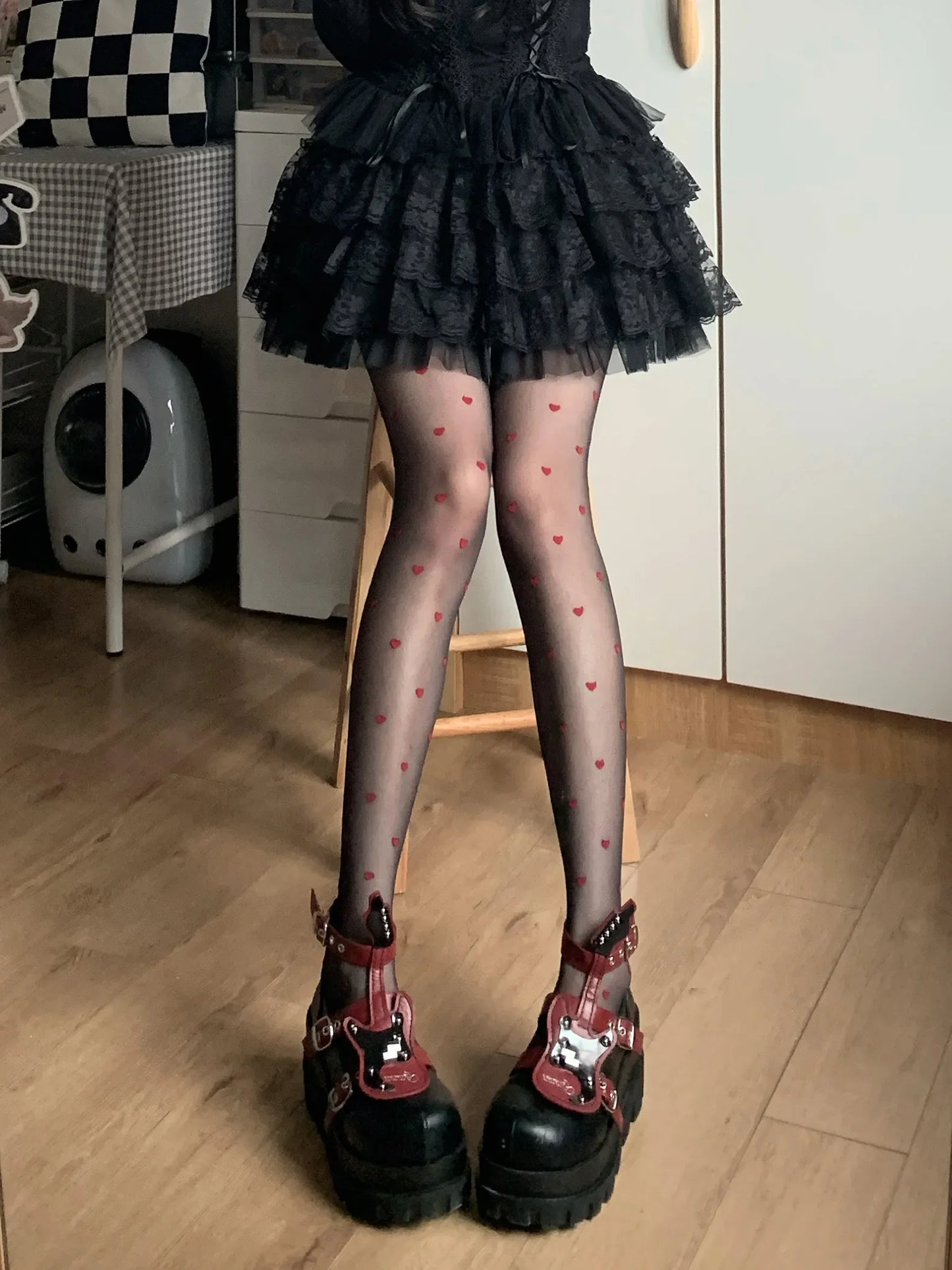 Sheer Kawaii Hosiery Ultra Thin Medias New JK Lolita Girl Thigh High Pantyhose Red Heart Print Women Tights Nylon Body Stockings.