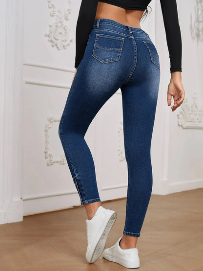 Elastic Women's Jeans Nine-Piece Buttoned Slim Fit Blue Polypropylene Women's Pencil Pants Tight-Fit Trousers.