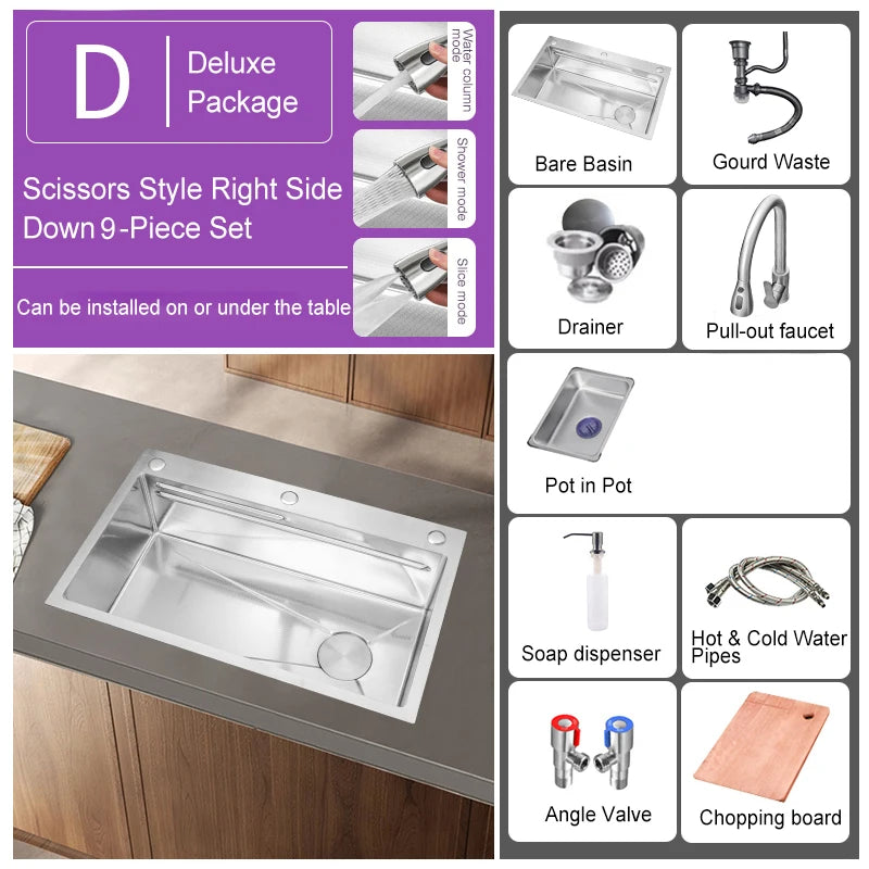 304 Stainless Steel Kitchen Sink Silver Embossed Large Single Slot Home Improvement Multifunction Wash Basin For Kitchen